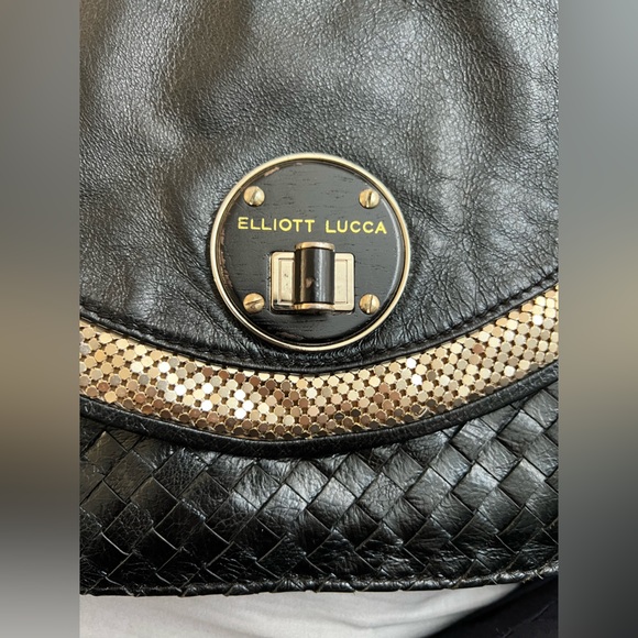 Elliot Lucca Black Leather and Fine Gold Mesh Adjustable Crossbody Pocketbook - Picture 3 of 14